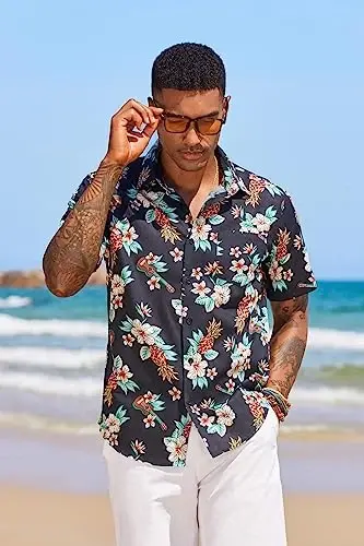 COOFANDY Mens Hawaiian Tropical Shirt Short Sleeve Casual Button Down Floral Summer Beach Shirts with Pocket - 3