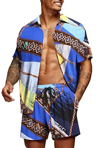 COOFANDY Men's Hawaiian 2 Piece Outfits Summer Beach Matching Set Flower Shirt and Shorts Tropical Vacation Set - 1