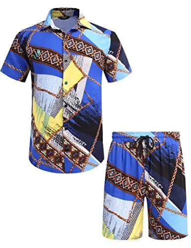 COOFANDY Men's Hawaiian 2 Piece Outfits Summer Beach Matching Set Flower Shirt and Shorts Tropical Vacation Set - 4