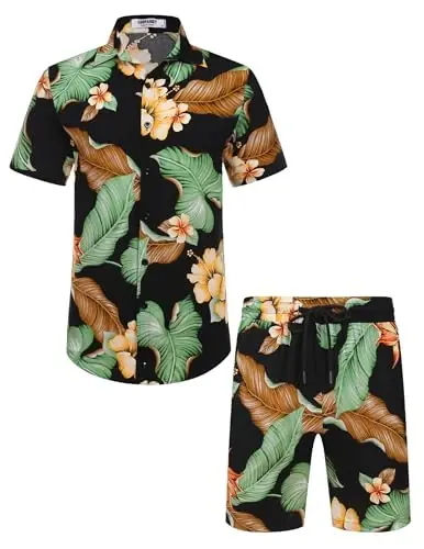 COOFANDY Men's Hawaiian 2 Piece Outfits Summer Beach Matching Set Flower Shirt and Shorts Tropical Vacation Set - 3