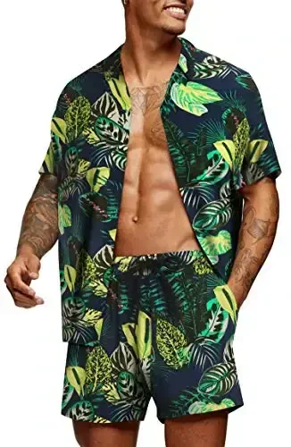COOFANDY Men's Hawaiian Matching Set Summer Beach 2 Piece Outfits Flower Button Down Shirts and Shorts Vacation Outfits - COOFANDY