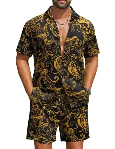 COOFANDY Men's Hawaiian Matching Set Summer Beach 2 Piece Outfits Flower Button Down Shirts and Shorts Vacation Outfits - 1