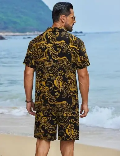 COOFANDY Men's Hawaiian Matching Set Summer Beach 2 Piece Outfits Flower Button Down Shirts and Shorts Vacation Outfits - 3