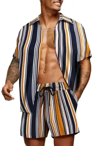COOFANDY Men's Hawaiian Matching Set Summer Beach 2 Piece Outfits Flower Button Down Shirts and Shorts Vacation Outfits - 1