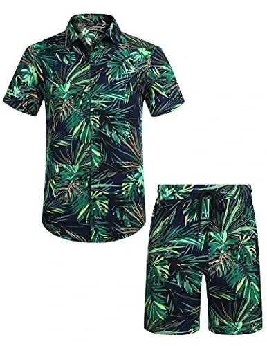 COOFANDY Men's Hawaiian Matching Set Summer Beach 2 Piece Outfits Flower Button Down Shirts and Shorts Vacation Outfits - 4