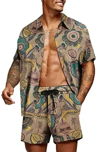 COOFANDY Men's Hawaiian Matching Set Summer Beach 2 Piece Outfits Flower Button Down Shirts and Shorts Vacation Outfits - 1