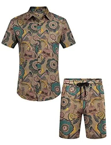 COOFANDY Men's Hawaiian Matching Set Summer Beach 2 Piece Outfits Flower Button Down Shirts and Shorts Vacation Outfits - 4