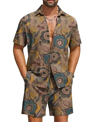 COOFANDY Men's Hawaiian Matching Set Summer Beach 2 Piece Outfits Flower Button Down Shirts and Shorts Vacation Outfits 