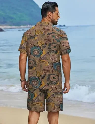COOFANDY Men's Hawaiian Matching Set Summer Beach 2 Piece Outfits Flower Button Down Shirts and Shorts Vacation Outfits - 3
