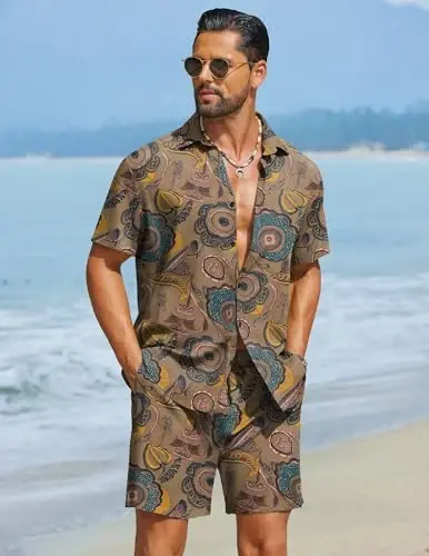 COOFANDY Men's Hawaiian Matching Set Summer Beach 2 Piece Outfits Flower Button Down Shirts and Shorts Vacation Outfits - 4