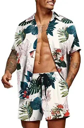 COOFANDY Men's Hawaiian Matching Set Summer Beach 2 Piece Outfits Flower Button Down Shirts and Shorts Vacation Outfits - 1