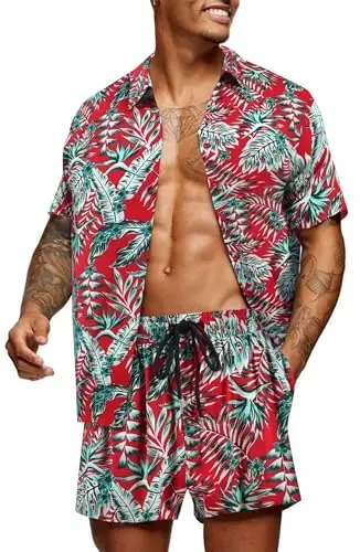 COOFANDY Men's Hawaiian Matching Set Summer Beach 2 Piece Outfits Flower Button Down Shirts and Shorts Vacation Outfits - COOFANDY
