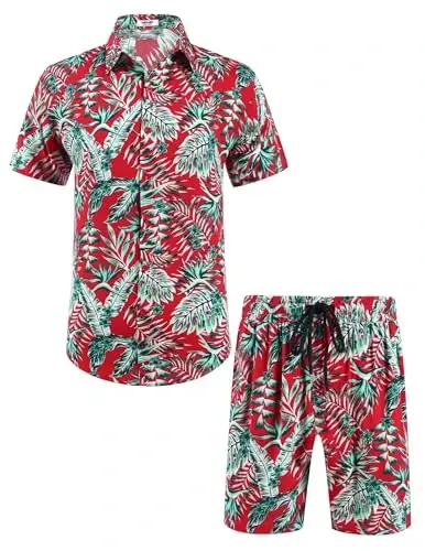COOFANDY Men's Hawaiian Matching Set Summer Beach 2 Piece Outfits Flower Button Down Shirts and Shorts Vacation Outfits - 4