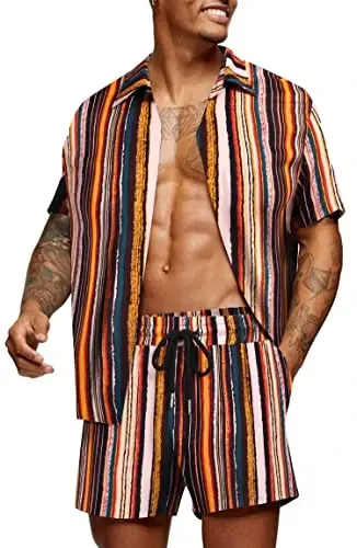 COOFANDY Men's Hawaiian Matching Set Summer Beach 2 Piece Outfits Flower Button Down Shirts and Shorts Vacation Outfits - 1