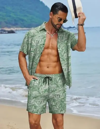 COOFANDY Men's Hawaiian Matching Set Summer Beach 2 Piece Outfits Flower Button Down Shirts and Shorts Vacation Outfits - 2