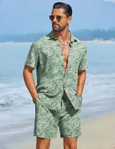 COOFANDY Men's Hawaiian Matching Set Summer Beach 2 Piece Outfits Flower Button Down Shirts and Shorts Vacation Outfits - 4