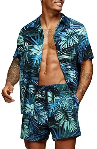 COOFANDY Men's Hawaiian Matching Set Summer Beach 2 Piece Outfits Flower Button Down Shirts and Shorts Vacation Outfits - 1