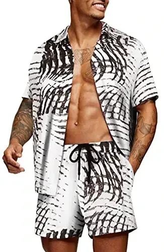 COOFANDY Men's Hawaiian Matching Set Summer Beach 2 Piece Outfits Flower Button Down Shirts and Shorts Vacation Outfits 