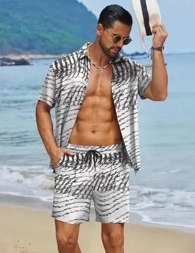 COOFANDY Men's Hawaiian Matching Set Summer Beach 2 Piece Outfits Flower Button Down Shirts and Shorts Vacation Outfits - COOFANDY (1)