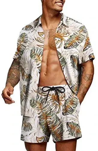COOFANDY Men's Hawaiian Matching Set Summer Beach 2 Piece Outfits Flower Button Down Shirts and Shorts Vacation Outfits 