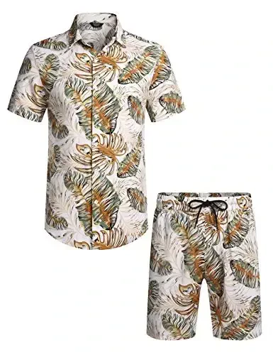 COOFANDY Men's Hawaiian Matching Set Summer Beach 2 Piece Outfits Flower Button Down Shirts and Shorts Vacation Outfits - 4