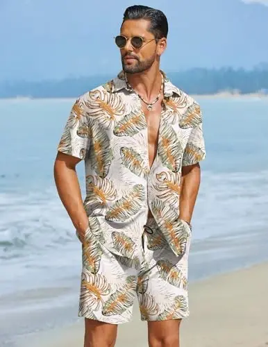 COOFANDY Men's Hawaiian Matching Set Summer Beach 2 Piece Outfits Flower Button Down Shirts and Shorts Vacation Outfits - 4
