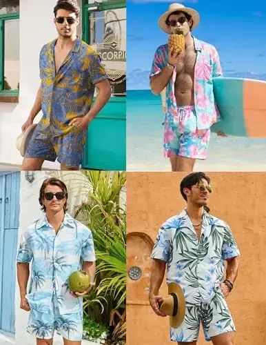 COOFANDY Men's Hawaiian Matching Set Summer Beach 2 Piece Outfits Flower Button Down Shirts and Shorts Vacation Outfits - 2