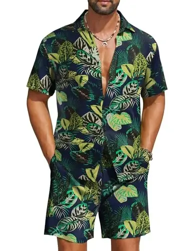 COOFANDY Men's Hawaiian Matching Set Summer Beach 2 Piece Outfits Flower Button Down Shirts and Shorts Vacation Outfits - 1