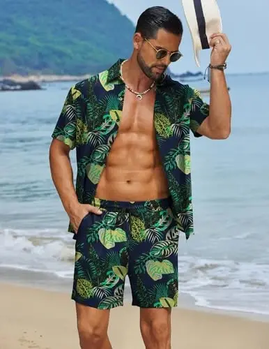 COOFANDY Men's Hawaiian Matching Set Summer Beach 2 Piece Outfits Flower Button Down Shirts and Shorts Vacation Outfits - 2