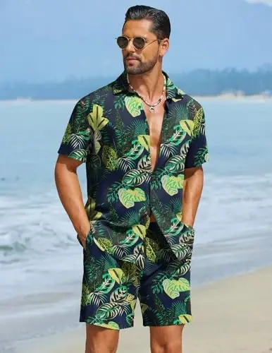 COOFANDY Men's Hawaiian Matching Set Summer Beach 2 Piece Outfits Flower Button Down Shirts and Shorts Vacation Outfits - 4