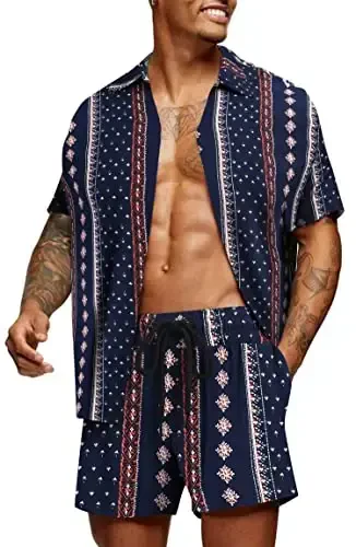 COOFANDY Men's Hawaiian Matching Set Summer Beach 2 Piece Outfits Flower Button Down Shirts and Shorts Vacation Outfits 