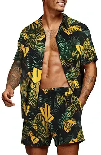 COOFANDY Men's Hawaiian Matching Set Summer Beach 2 Piece Outfits Flower Button Down Shirts and Shorts Vacation Outfits - COOFANDY