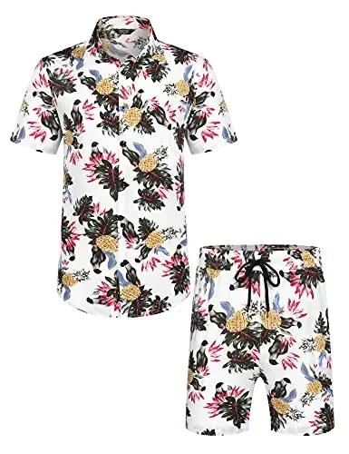 COOFANDY Men's Hawaiian Matching Set Summer Beach 2 Piece Outfits Flower Button Down Shirts and Shorts Vacation Outfits - 4