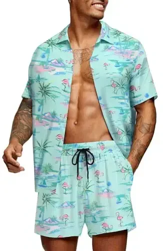 COOFANDY Men's Hawaiian Matching Set Summer Beach 2 Piece Outfits Flower Button Down Shirts and Shorts Vacation Outfits - 1