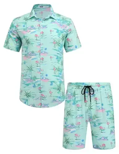 COOFANDY Men's Hawaiian Matching Set Summer Beach 2 Piece Outfits Flower Button Down Shirts and Shorts Vacation Outfits - 2