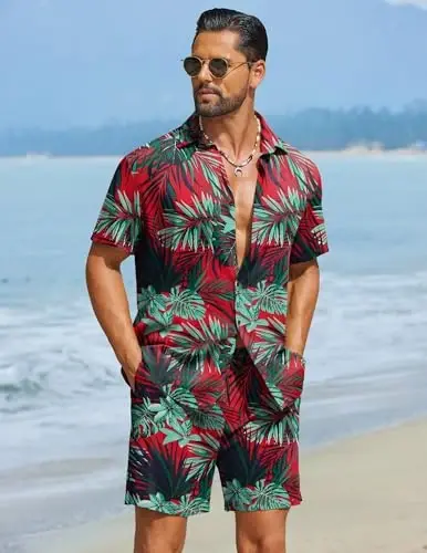 COOFANDY Men's Hawaiian Matching Set Summer Beach 2 Piece Outfits Flower Button Down Shirts and Shorts Vacation Outfits - 4
