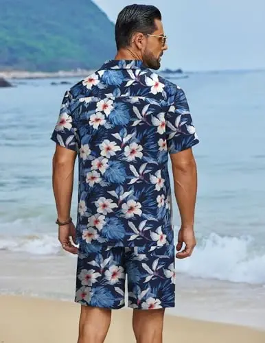 COOFANDY Men's Hawaiian Matching Set Summer Beach 2 Piece Outfits Flower Button Down Shirts and Shorts Vacation Outfits - 3