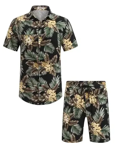 COOFANDY Men's Hawaiian Matching Set Summer Beach 2 Piece Outfits Flower Button Down Shirts and Shorts Vacation Outfits - 2