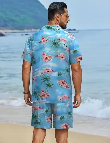 COOFANDY Men's Hawaiian Matching Set Summer Beach 2 Piece Outfits Flower Button Down Shirts and Shorts Vacation Outfits - 3