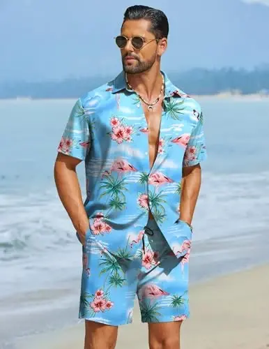 COOFANDY Men's Hawaiian Matching Set Summer Beach 2 Piece Outfits Flower Button Down Shirts and Shorts Vacation Outfits - 4