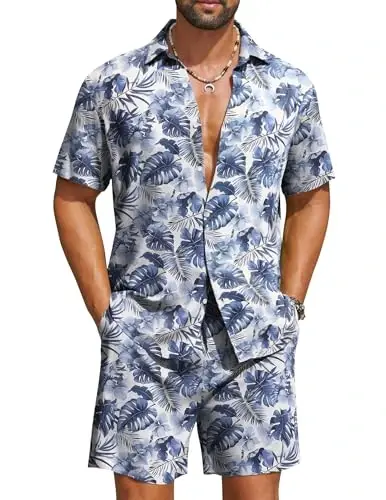 COOFANDY Men's Hawaiian Matching Set Summer Beach 2 Piece Outfits Flower Button Down Shirts and Shorts Vacation Outfits - COOFANDY
