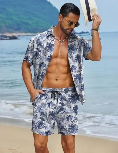 COOFANDY Men's Hawaiian Matching Set Summer Beach 2 Piece Outfits Flower Button Down Shirts and Shorts Vacation Outfits - COOFANDY (1)