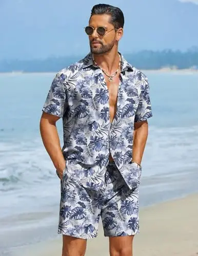 COOFANDY Men's Hawaiian Matching Set Summer Beach 2 Piece Outfits Flower Button Down Shirts and Shorts Vacation Outfits - 4