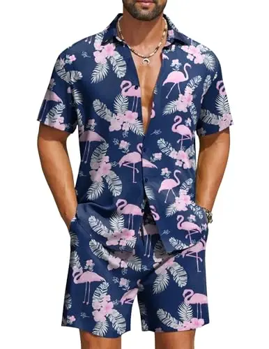 COOFANDY Men's Hawaiian Matching Set Summer Beach 2 Piece Outfits Flower Button Down Shirts and Shorts Vacation Outfits 
