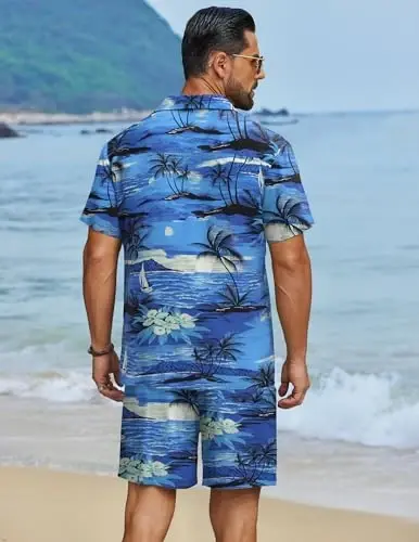 COOFANDY Men's Hawaiian Matching Set Summer Beach 2 Piece Outfits Flower Button Down Shirts and Shorts Vacation Outfits - 3