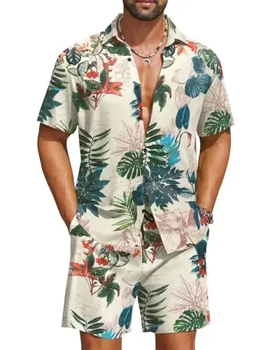 COOFANDY Men's Hawaiian Matching Set Summer Beach 2 Piece Outfits Flower Button Down Shirts and Shorts Vacation Outfits 