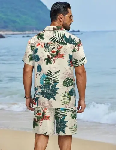 COOFANDY Men's Hawaiian Matching Set Summer Beach 2 Piece Outfits Flower Button Down Shirts and Shorts Vacation Outfits - 3