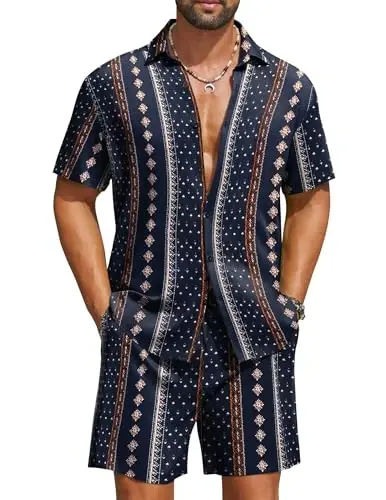 COOFANDY Men's Hawaiian Matching Set Summer Beach 2 Piece Outfits Flower Button Down Shirts and Shorts Vacation Outfits - COOFANDY