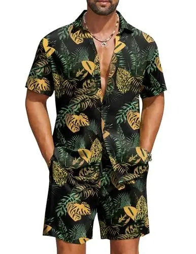 COOFANDY Men's Hawaiian Matching Set Summer Beach 2 Piece Outfits Flower Button Down Shirts and Shorts Vacation Outfits - COOFANDY