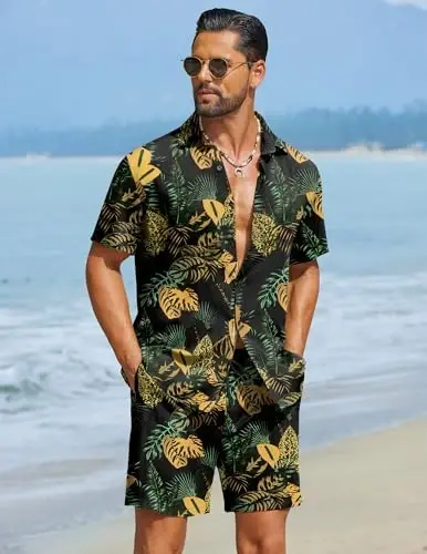 COOFANDY Men's Hawaiian Matching Set Summer Beach 2 Piece Outfits Flower Button Down Shirts and Shorts Vacation Outfits - 4